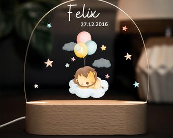 Dimmable acrylic night light, bedside lamp for babies and children. Personalized with name and date of birth.