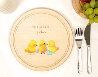 Personalized breakfast board, round breakfast board for children, wooden snack board with name, Easter gift, Easter