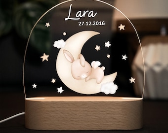 Dimmable acrylic night light, bedside lamp for babies and children. Personalized with name and date of birth.
