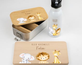Set für Kinder: Brotzeitdose, Frühstücksbrett und Trinkflasche 500ml. Personalisiert mit Name