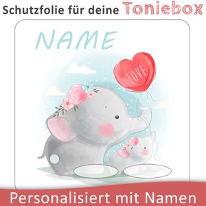 Película protectora Toniebox con nombre personalizable ? Elefante bebé con globo de corazón ? Película de protección