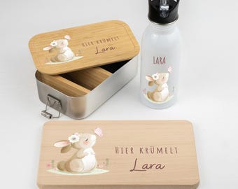 Set für Kinder: Brotzeitdose, Frühstücksbrett und Trinkflasche 500ml. Personalisiert mit Name