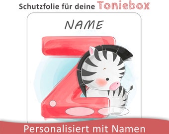 Toniebox Schutzfolie mit Namen personalisierbar | Baby Zebra mit Buchstabe | Schutz Folie