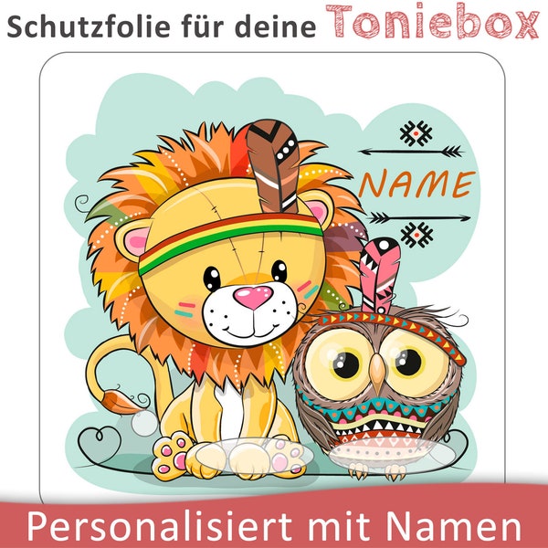 Toniebox Schutzfolie mit Namen personalisierbar | Löwe und Eule als Indianer | Schutz Folie