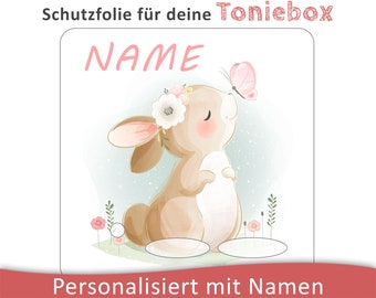 Toniebox Schutzfolie mit Namen personalisierbar | Hase mit Schmetterling und Blume | Schutz Folie