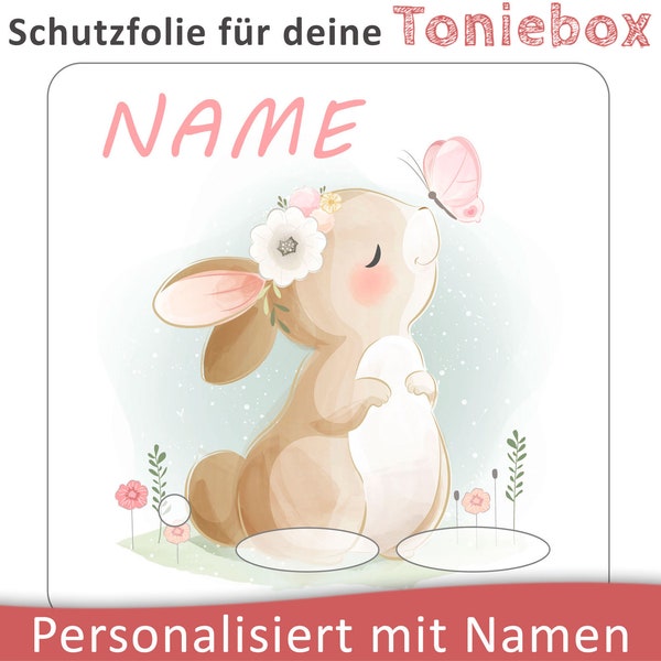 Toniebox Schutzfolie mit Namen personalisierbar | Hase mit Schmetterling und Blume | Schutz Folie
