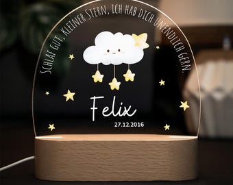 Dimmable acrylic night light, bedside lamp for babies and children. Personalized with name, date of birth, and saying.