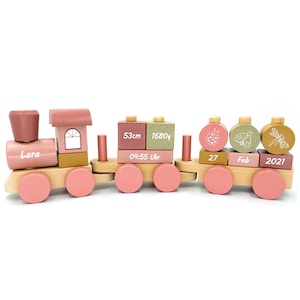 Wooden train set with peg shapes, pink | printed, customizable | for christenings and births