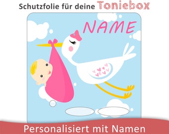 Toniebox Schutzfolie mit Namen personalisierbar | Baby wird vom Storch getragen | wischfeste Schutz Folie | LED durchscheinend