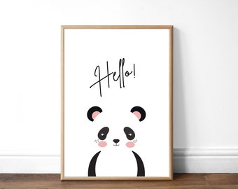 Nursery Panda Hello print, cute, A4, 6x4, Nursery, Kids Unframed print, Wall art, wall prints, new baby gift ideas
