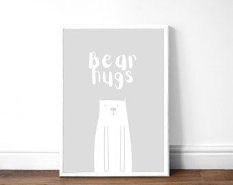 Bear Hugs Grey print, cute, A4, 6x4, Nursery, Kids Unframed print, Wall art, wall prints, new baby gift ideas