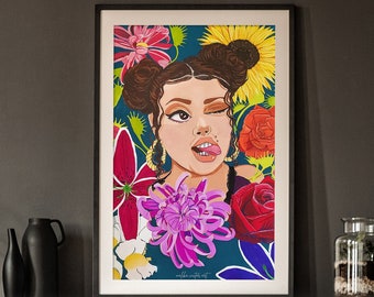 Latina Woman with Flowers Art 11x17, 8.5x11, 8x10, wall art print, room decor, flower art, cute art print, Women Empowerment Art Print