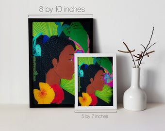 Tropical Plant Art Print, 8.5x11 art print, 8x10 art Print, 5x7 Art,  black woman art, Art Poster, mini print, room decor, wall art prints