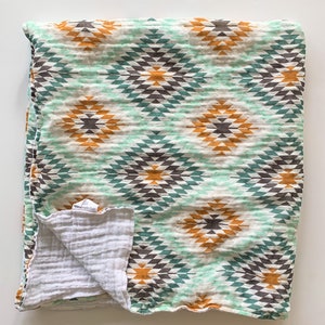 Organic Cotton Gauze Aztec Blanket, Baby Blanket, Cotton Blanket Muslin Blanket, Teal Blanket, Mudcloth Blanket, Girl, Boy, Baby Gift