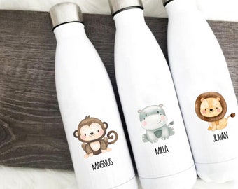 Trinkflasche Edelstahl personalisiert mit Namen und Safari Tier - toll für Schule, Kindergarten und Freizeit - Thermosflasche