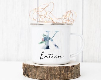 Geschenkidee Emaille Tasse  - personalisiert mit Initial und Namen - Design Wald