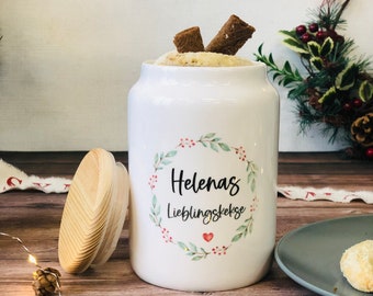 Keksdose personalisiert mit Namen, Geschenk, Mama, Oma, Plätzchendose, Vorratsdose Keramik mit Holzdeckel - Design Klassisch