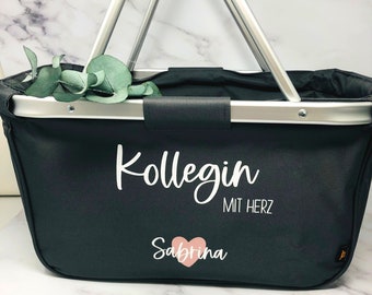 Geschenk Kollegin - personalisierter Einkaufskorb mit Name - Kollegin mit Herz - verschiedene Farben - faltbar- Farbe Grau,Navy oder Schwarz