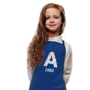 Kinderschürze personalisiert mit Initial und Name, zum Backen, Basteln und Gärtnern Wunschname und 6 Farben Floral 3-6 royal