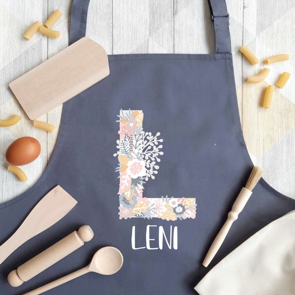 Kinderschürze personalisiert mit Initial und Name, zum Backen, Basteln und Gärtnern - Wunschname und 6 Farben - Floral