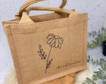 Jutetasche klein Jutebeutel - personalisiert mit Blume und Name schwarz - persönliche Geschenkverpackung - nachhaltig