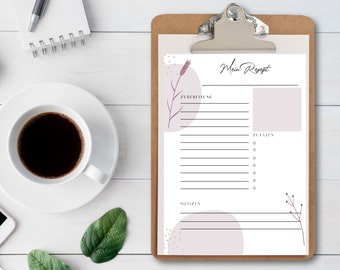 May include: A printable recipe template with a floral design. The template includes sections for ingredients, instructions, and notes. The text on the template reads "Mein Rezept".