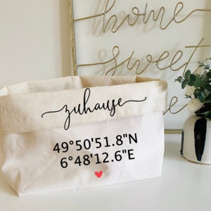 Housewarming gift - natural storage basket personalized with coordinates