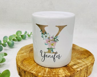 Spardose mit Name - personalisiert - Einschulung Geburt - Floral Initial Romantisch Mädchen