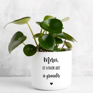 Könnte beinhalten: Ein weißer Keramiktopf mit einer grünen Pflanze und dem Text "Merci, de m'avoir aidé à grandir" mit einem kleinen schwarzen Herzen.