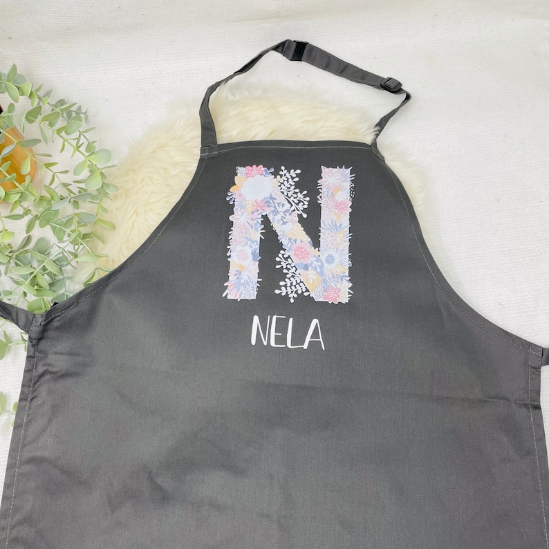 Children's apron personalized with initial and name, for baking, crafts and gardening desired name and 6 colors floral image 8