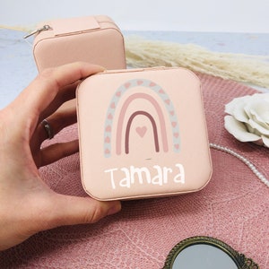 Jewelry case for girls - pink - personalized with name and rainbow - gift, communion, school, birthday - travel case