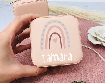 Jewelry case for girls - pink - personalized with name and rainbow - gift, communion, school, birthday - travel case