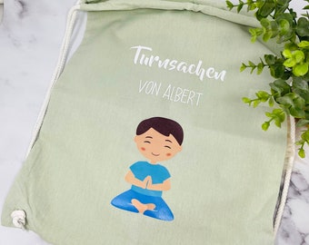 Kinderturnen Turnbeutel Schule Kita Kindergarten Stofftasche mit Name personalisiert Yoga Asanas - viele Farben - große Farbauswahl