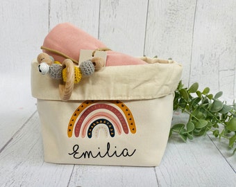 Utensilo storage basket for children's room baby fabric natural personalized with name and rainbow