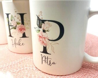 Cadeau pour la meilleure sœur, marraine ou meilleure amie - mug personnalisé avec initiale et prénom - PIVOINE