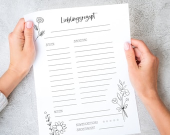 May include: A printable recipe template with a black and white floral design. The template includes sections for ingredients, preparation, notes, difficulty level, and preparation time.