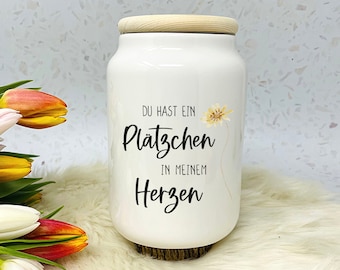 Geschenk für die Erzieherin - Keksdose mit Spruch, Plätzchendose, Vorratsdose Keramik mit Holzdeckel - Design Spruch Herz