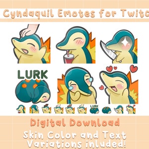 Könnte beinhalten: Sechs digitale Emojis mit einem Cartoon-Cyndaquil-Pokémon in verschiedenen Posen. Die Emojis zeigen ein Cyndaquil mit einem Getränk, ein Cyndaquil mit einem Messer, ein Cyndaquil mit Herzen, ein Cyndaquil mit Brille, ein schlafendes Cyndaquil und ein Cyndaquil mit einer Hand auf dem Kopf. Der Text "LURK" erscheint auf zwei der Emojis. Der Text "6 Cyndaquil Emotes for Twitch" erscheint oben im Bild. Der Text "Digital Download" erscheint in der Mitte des Bildes. Der Text "Skin Color and Text Variations included!" erscheint unten im Bild.