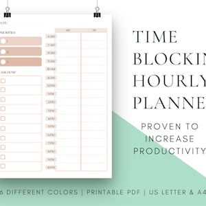 May include: A printable time blocking hourly planner with a light pink and white color scheme. The planner has a section for tasks and a section for prioritizing tasks. The planner is designed to help increase productivity.