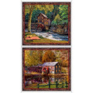 May include: Two framed landscape prints. The top print depicts a water mill with a water wheel, surrounded by trees and a river. The bottom print shows a red barn-like structure near a body of water, with a fence in the foreground. Both prints have a brown frame.