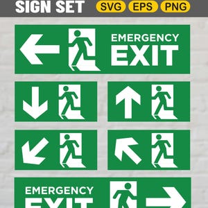 Könnte beinhalten: Ein Satz grüner und weißer Notausgangsschilder. Die Schilder zeigen Richtungspfeile, Symbole für rennende Personen und die Worte "EMERGENCY EXIT". Verfügbar in den Formaten SVG, EPS und PNG.
