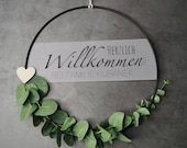Door wreath eucalyptus - Welcome to family - black 30 cm - decoration metal ring matt coated