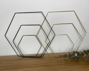 Metal hexagon, black and gold, 20, 30, 40 cm - Metal ring, decorative metal ring, coated - Hexagon made of wire, 6-sided