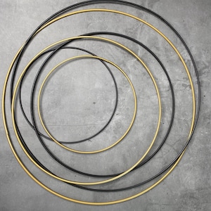May include: Five concentric circles, with the inner three circles being black and the outer two circles being gold.