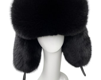 Black Fox Fur Ushanka Hat,Oversized Full Fur Trapper Hat For Winter,Unisex Warm Earflap Ski Fur Hat With Chin Strap,Large Furry Shapka Cap