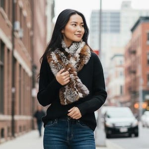 Brown Rex Rabbit Fur Scarf, Real Fur Neck Warmer For Women, Fluffy Winter Wrap, Handknitted Fur Scarf with Hidden Loop, Warm Winter Scarf