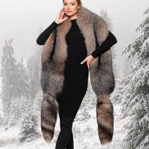 Luxury Large Brown Frost Fox Fur Stole,Real Fox Fur Wrap with Detachable Tails,Handmade Winter Fur Shawl,Formal Fluffy Fox Fur Scarf Boa