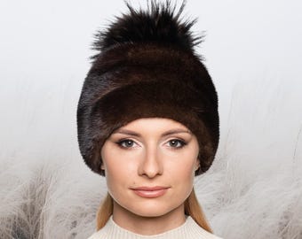Brown Mink Fur Beanie Hat With Fox Fur Pom Pom,warm Winter  display picture 2