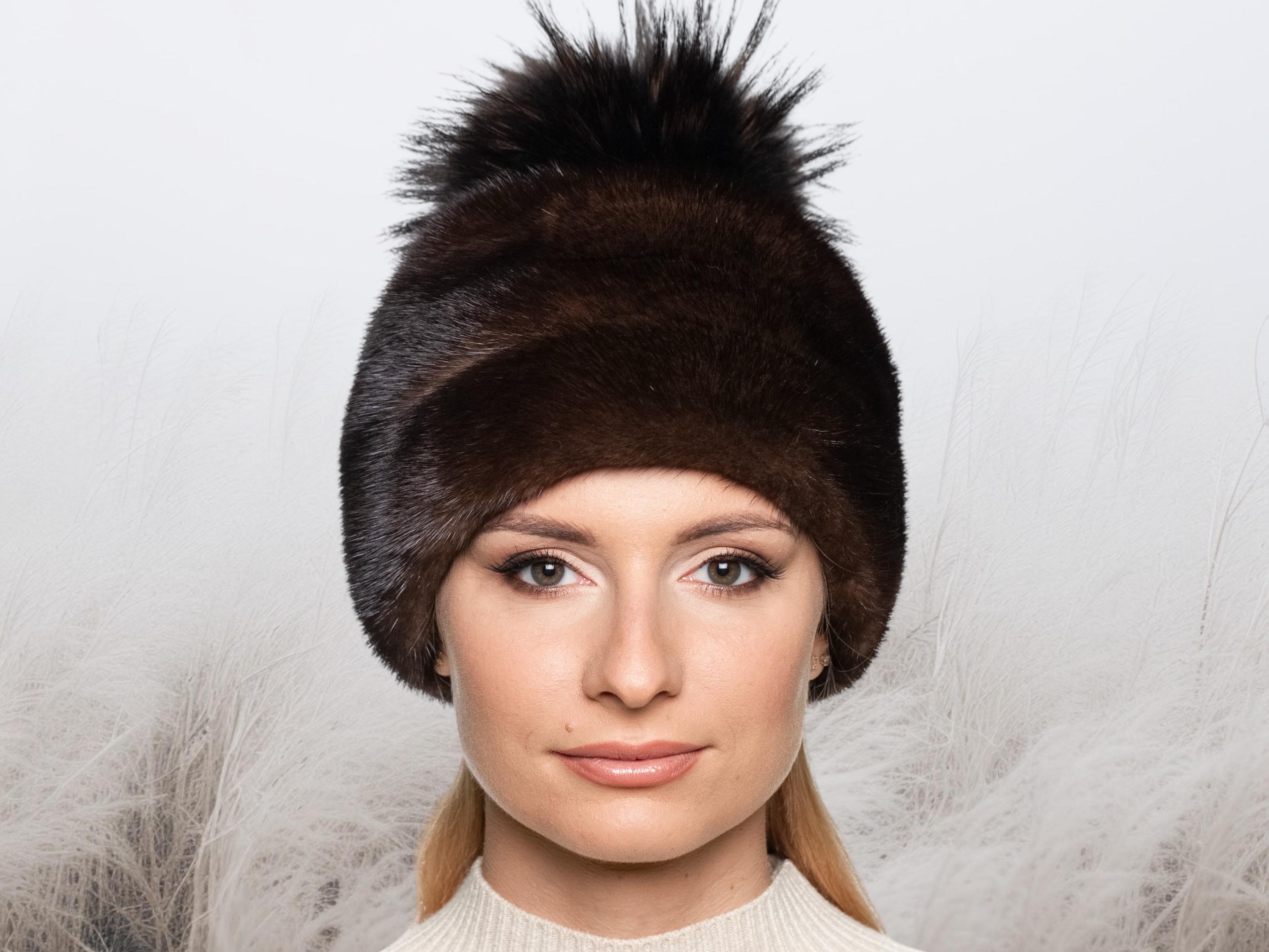 Buy Brown Mink Fur Beanie Hat With Fox Fur Pom Pom,warm 