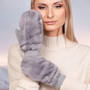 Womens Grey Mink Fur Flip Top Mittens,Cashmere Wool Knit Gloves With Real Mink Fur,Fingerless Winter Mittens,Warm Texting Driving Mittens
